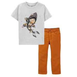 NEW Carter's Kid Robot Shark Gray Graphic Tee Adjustable Burnt Orange Pant Set